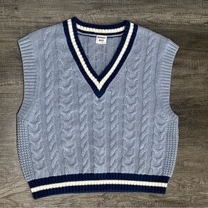 Sunday Best Powder Blue Cable-Knit V-Neck Sweater Vest with Navy & Cream Trim